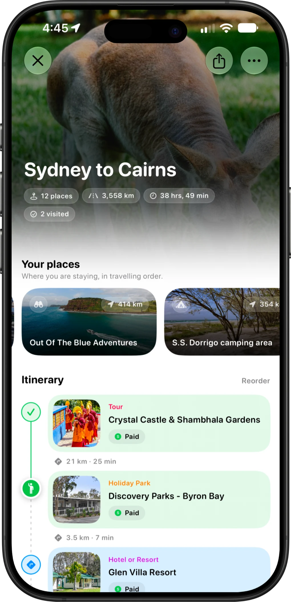 An AussieCamps road trip itinerary listing seven stops with driving distance, dates and the weather at each campground