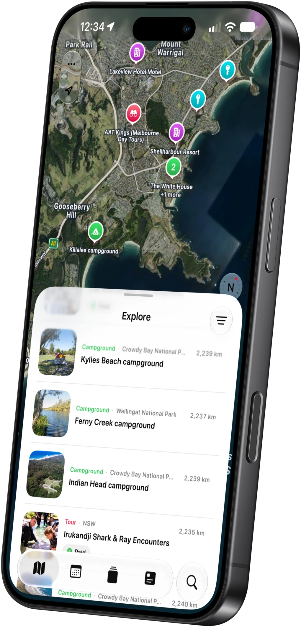 The AussieCamps map for Australia, with campground, caravan park and free camp pins across the coast and the Explore list of nearby places below